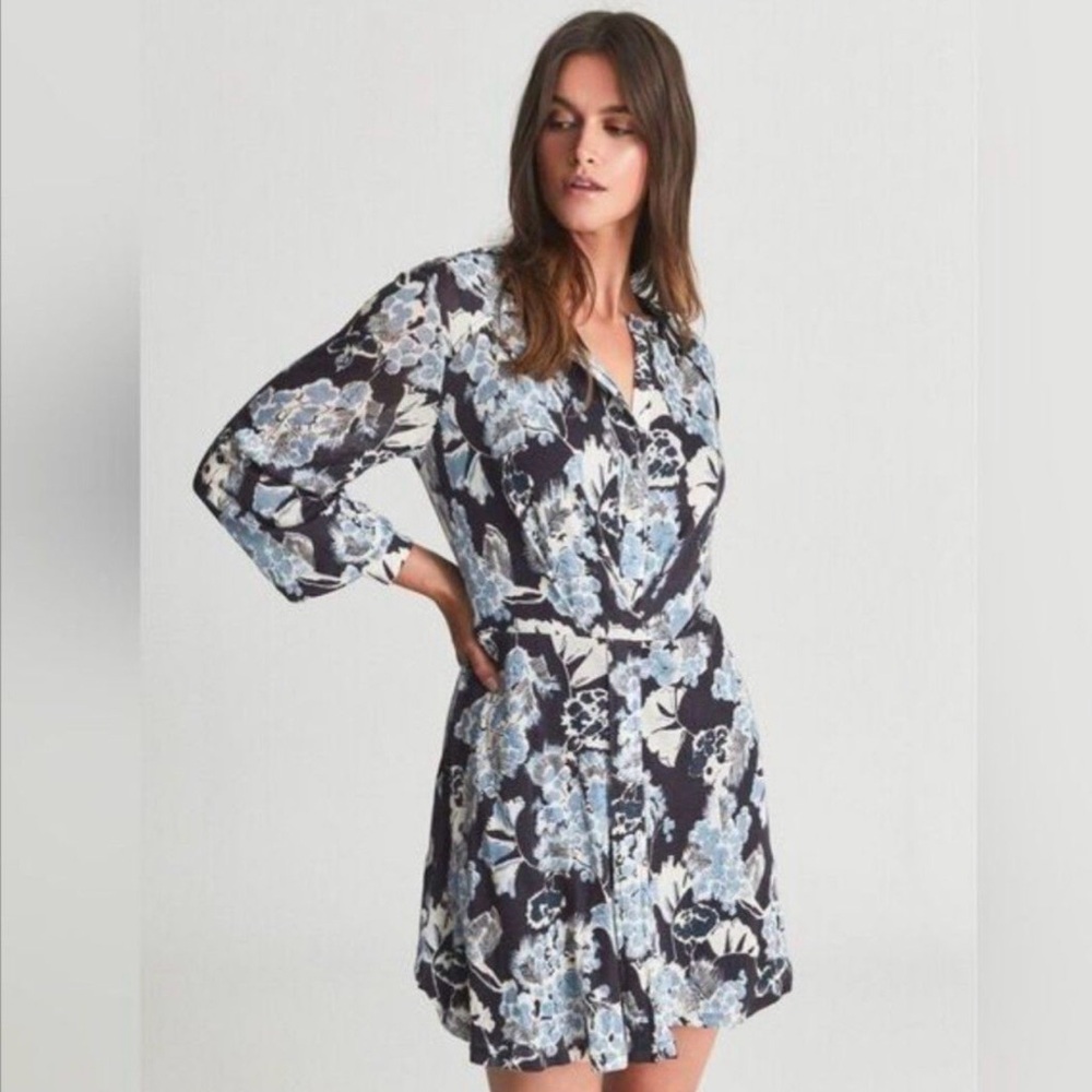 Reiss Long Sleeve Dress in Blue and White Floral